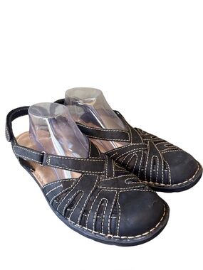 Clarks Bendables Black Leather Fisherman Mary Jan Flat Sandals Size 12